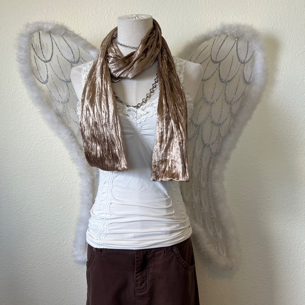 Crushed‎ Velvet Scarf Taupe Metallic Shimmer Lightweight Romantic Whimsygoth 90s